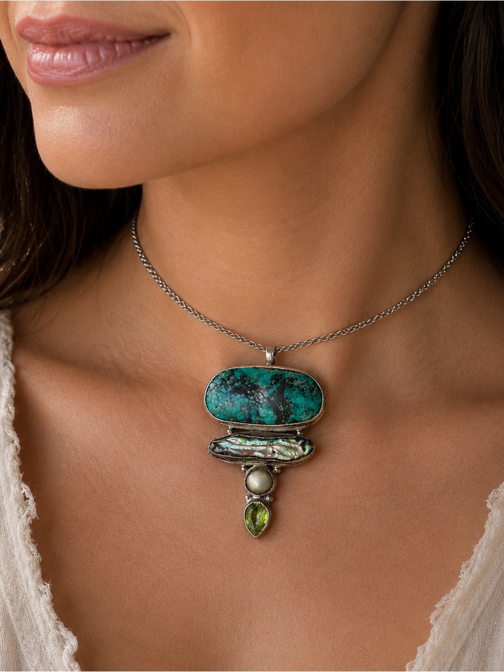 Artisan Sterling Silver 925 Multi Gemstone Pendant Turquoise Biwa Pearl Peridot
